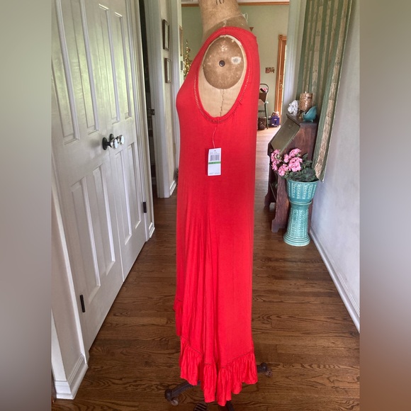 NWT Spense Hi Low Maxi Dress Ruffle Bottom RED Viscose Spandex LARGE Stretchy - Picture 2 of 11